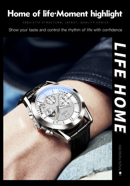 OLEVS Watch for Men Leather Casual Chronograph Analog Dress Strap Waterproof Luminous Fashion Easy to Read Gold Case Mans Watches