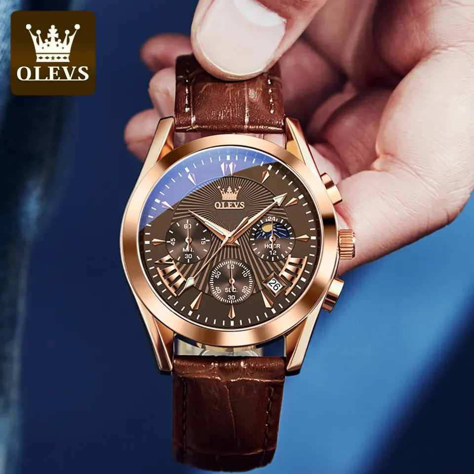 OLEVS Watch for Men Leather Casual Chronograph Analog Dress Strap Waterproof Luminous Fashion Easy to Read Gold Case Mans Watches