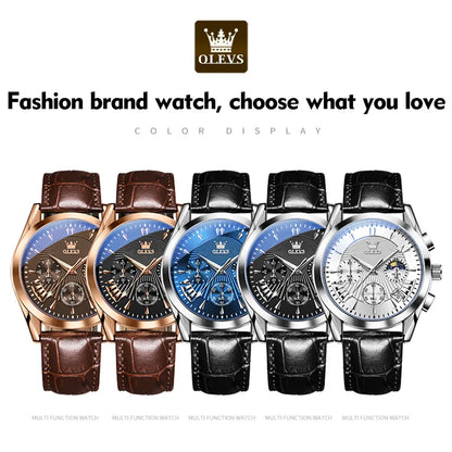 OLEVS Watch for Men Leather Casual Chronograph Analog Dress Strap Waterproof Luminous Fashion Easy to Read Gold Case Mans Watches