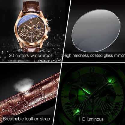 OLEVS Watch for Men Leather Casual Chronograph Analog Dress Strap Waterproof Luminous Fashion Easy to Read Gold Case Mans Watches