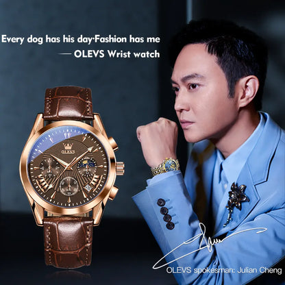 OLEVS Watch for Men Leather Casual Chronograph Analog Dress Strap Waterproof Luminous Fashion Easy to Read Gold Case Mans Watches