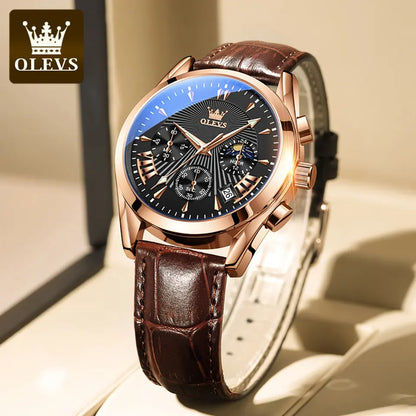 OLEVS Watch for Men Leather Casual Chronograph Analog Dress Strap Waterproof Luminous Fashion Easy to Read Gold Case Mans Watches