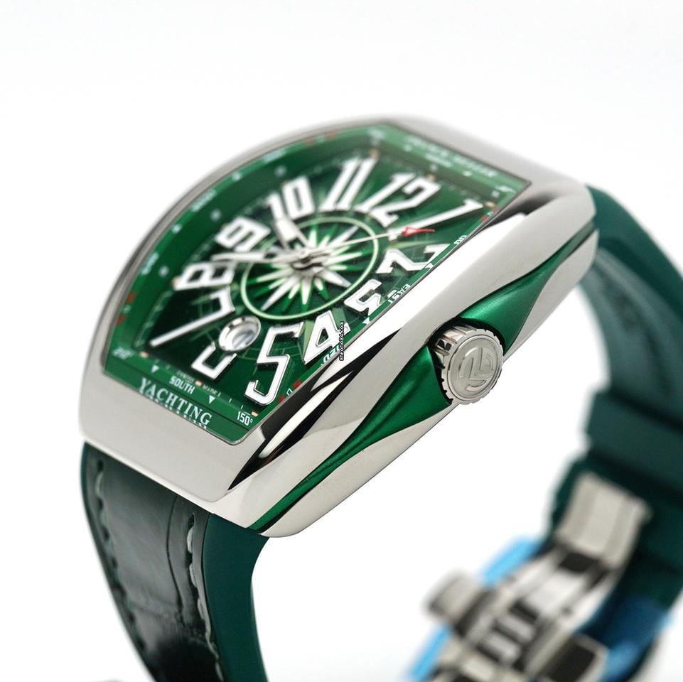 Franck Muller Vanguard Yachting 41mm, Green Dial, Green inserts on both sides of case, Green Leather on Rubber Strap