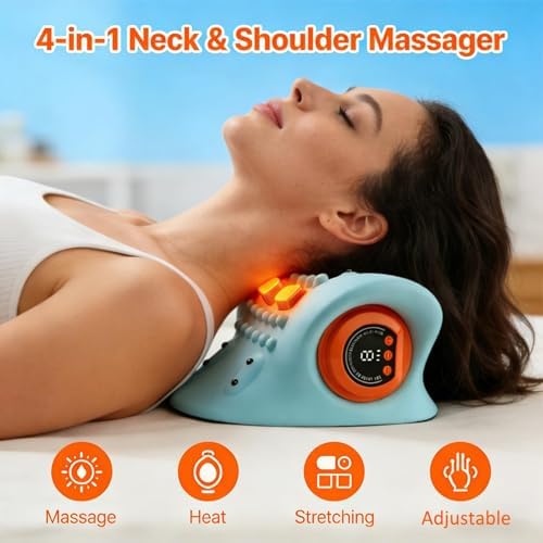 Neck and Shoulder Massager with Heat,4 in 1 Portable Electric Massage Device,3 Modes 6 Speeds Cervical Neck Traction Pillow,Adjustable Intensity for Home Office Travel Use (PP, One Size)