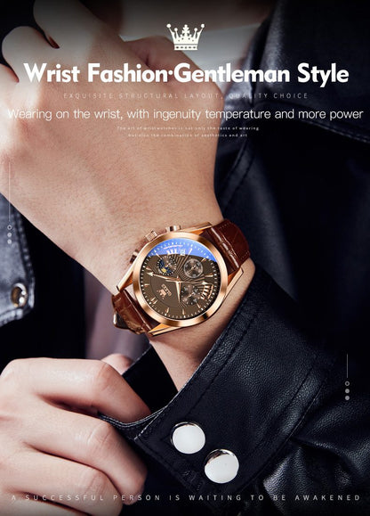 OLEVS Watch for Men Leather Casual Chronograph Analog Dress Strap Waterproof Luminous Fashion Easy to Read Gold Case Mans Watches