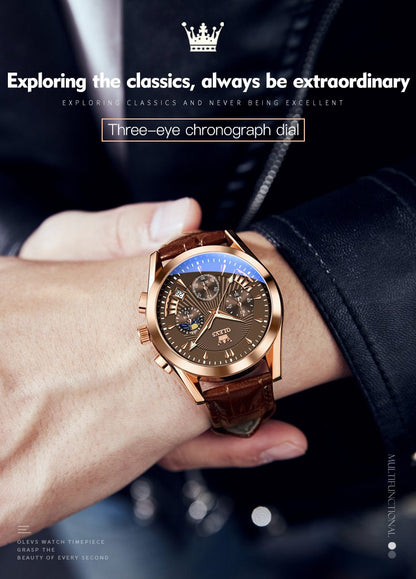 OLEVS Watch for Men Leather Casual Chronograph Analog Dress Strap Waterproof Luminous Fashion Easy to Read Gold Case Mans Watches