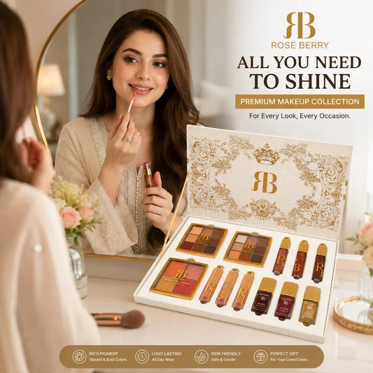 Rose Berry Golden Box – Rosy Makeup Gift Set | بوكس مكياج متكامل من روز بيري الإماراتية