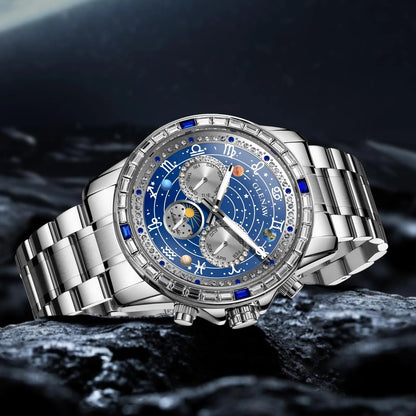 2026 Glenaw New High-End Business Luxury Automatic Mechanical Watch with 12 Zodiac Dial, Gem-Set Steel Case