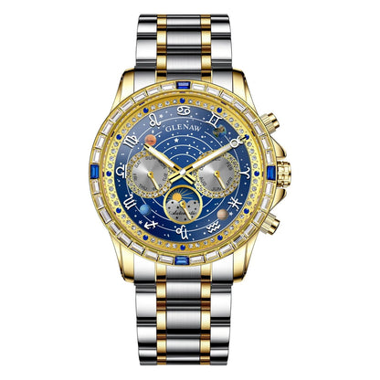2026 Glenaw New High-End Business Luxury Automatic Mechanical Watch with 12 Zodiac Dial, Gem-Set Steel Case