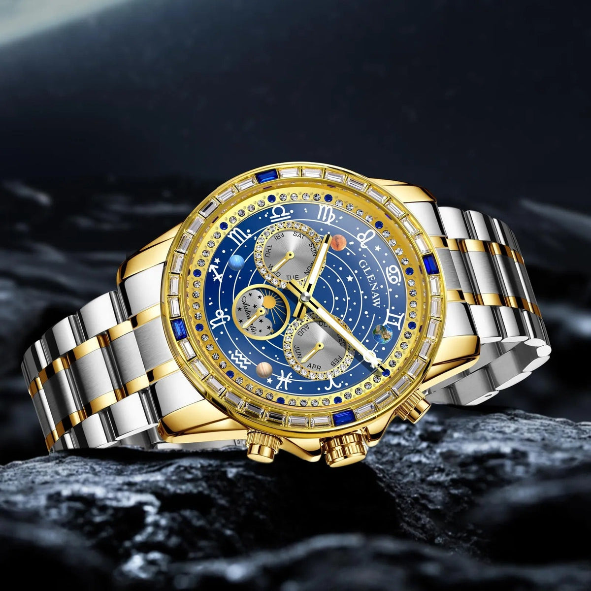 2026 Glenaw New High-End Business Luxury Automatic Mechanical Watch with 12 Zodiac Dial, Gem-Set Steel Case