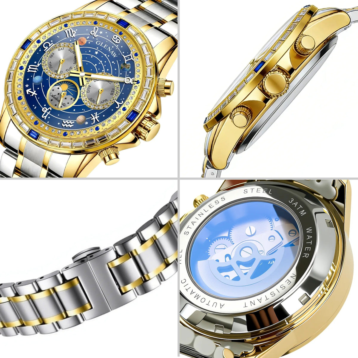 2026 Glenaw New High-End Business Luxury Automatic Mechanical Watch with 12 Zodiac Dial, Gem-Set Steel Case