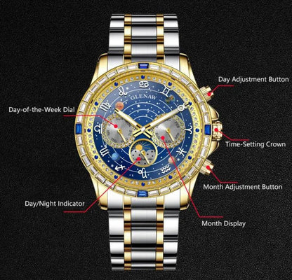 2026 Glenaw New High-End Business Luxury Automatic Mechanical Watch with 12 Zodiac Dial, Gem-Set Steel Case